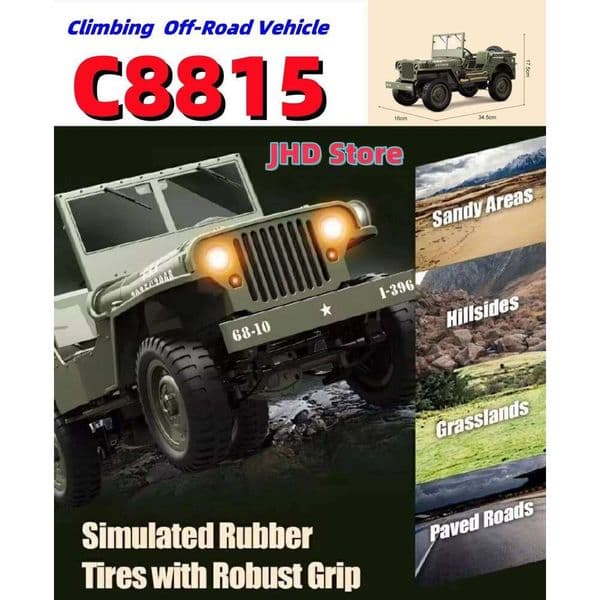 JHD FOR JJRC Rc Car 1:10 JEEP MB 2.4g 4wd RTR Crawler Climbing Scale Military Truck Offroad Vehicle C8815 Adult Toy Gift W260515