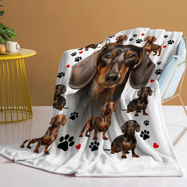 Luxury Designer Decor Dachshund Cute Black And Red Paws Printed Soft Flannel Warm Cozy Blanket room For Teens Adults Kids Decoration Home 14
