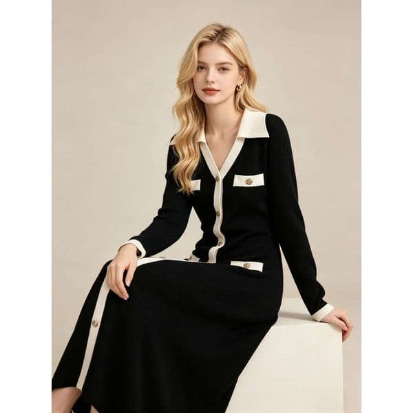 2026 Spring and Summer Designer Korean Fashion French V-neck Single breasted Slim Knitted Dress
