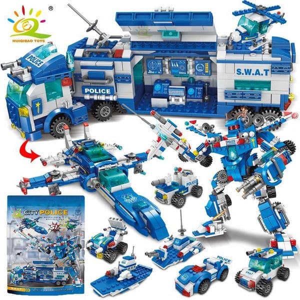 HUIQIBAO 700PCS 8in1 City Police Command Trucks Building Blocks Policeman Robot Car Helicopter Model Bricks Toys for Children Z260515