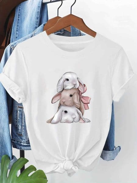 Stacked Bunnies Cute Graphic Print T-shirt Slve Crew Neck Casual Top for WomenS Clothing Ideal for Casual Outings Z260515