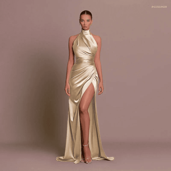 Casual Dresses Sexy Satin Turtleneck Slit Long Dress Luxury Women's Black Champagne Curvy Backless Prom Evening Party Birthday Red