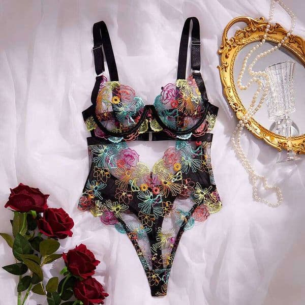 Sexy Set Bodysuit One Piece Bra Female Embroidery Floral Romantic Lace Transparent See Through Lingerie Women
