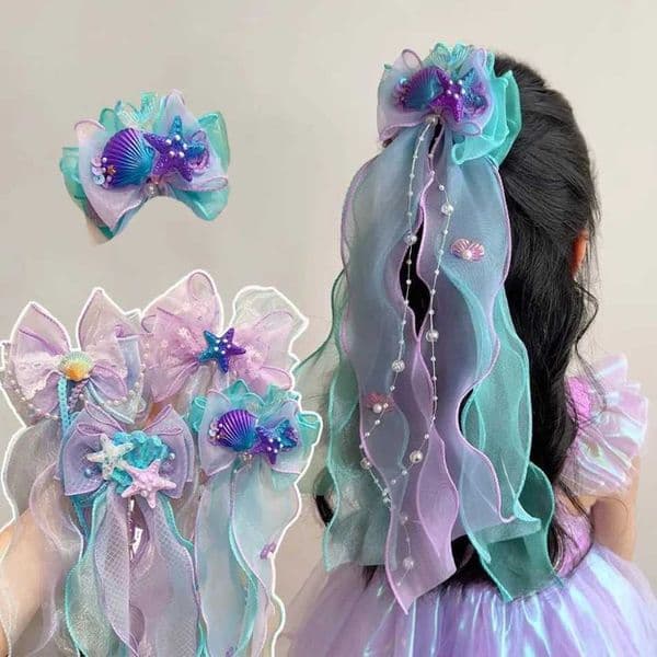 Toddler Girl Mermaid Headwear Children Princess Bow Hairpin Girls Floating Yarn Braided Hair Clip Mermaid Maiden Hair Accessory L260515