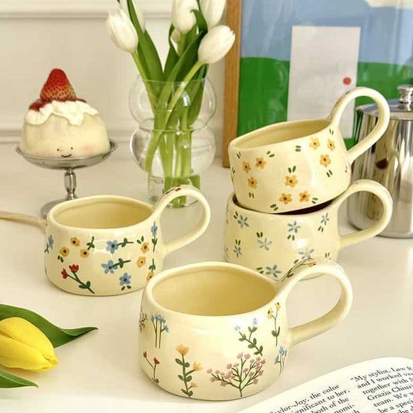Korean Style Ceramic Mug Cute Hand Pinched Irregular Small Flower Pattern Coffee Cup Breakfast Milk Tea Cups Gift for Kids GirlsJ260515