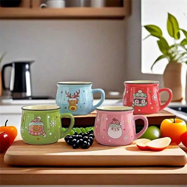 1pc Ceramic Christmas Cartoon Mug Easy To Clean Cute Family Milk Cup Coffee Cup Christmas GiftJ260515