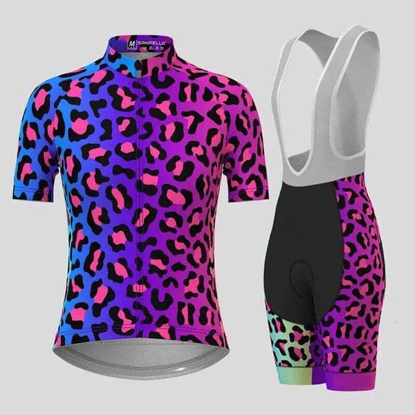 Women's Clothing Gradient Leopard Print Summer Cycling Jersey Set Women Breathable Short Sleeves Mountain Bike Clothes 26Y0515