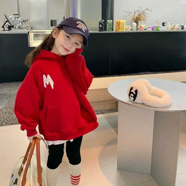 Winter Girls Red Loose Alphabet Warm Fleece Lined Hoodie Kids Sweatshirt Children Outfit Baby Hooded Tracksuit Tops 2-8 Years L260515NN1T