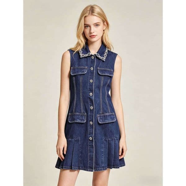 Spring and summer new designer simple and mature women's high-end pearl embellishment lapel sleeveless single breasted pleated skirt