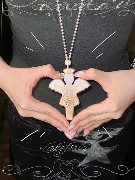 Necklace Wooden Crystal Angel Pendant Trendy Cute Y2K Trendy Vintage Jewelry Accessories for Women Girls Jewelry 260514