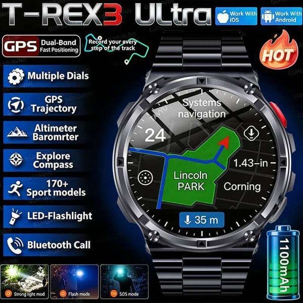 2026 New T-Rex3 Pro 1100mAh Battery Smart Watch GPS path 5ATM Waterproof Sports Run tracker Outdoors Compass Smartwatch 26L0515