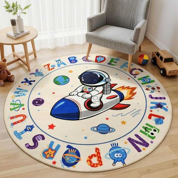 ABC Kids Alphabet Round Rug Washable Soft Nursery RugNon-Slip Educational Carpet with Space Astronaut Design for Classroom Z260514