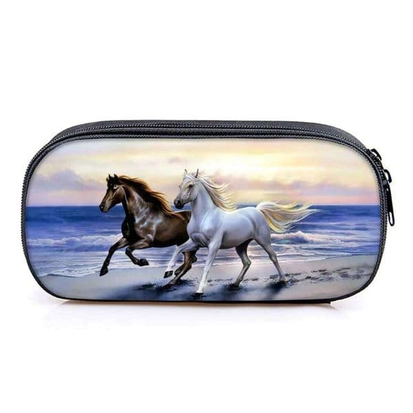 Hot Sales 2D Flat Cartoon Horse Layered Pencil Case Quality Leather Pen Bag Best Gift for Boys/Girls School Supplies