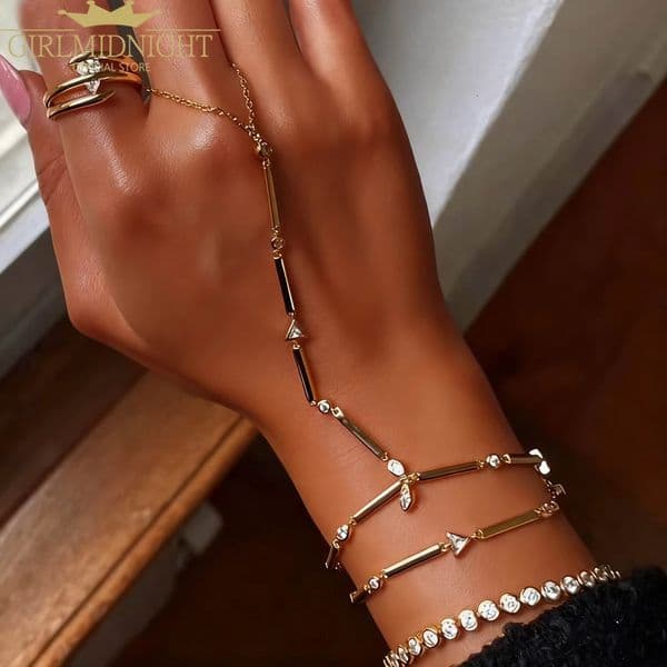 High Quality Long Tassel With Slippy Bar Bling Round Oval Triangle CZ Setting Women Unique Bracelet Wrap Ones Finger Jewelry 260513