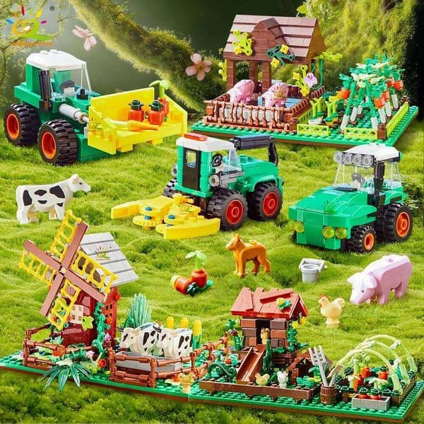 HUIQIBAO MOC Farm Truck Pigsty Windmill House Building Block Farmer Tractor Vehicle Car Brick City Construction Toy For Children