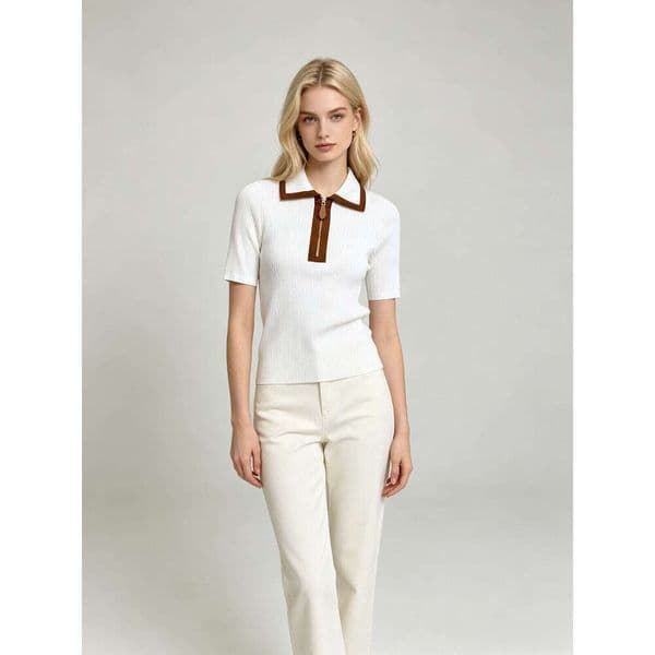 2026 Spring/Summer New Designer Slimming Fashion Multi functional Embroidered Polo Neck Short Sleeve Knitted Women's Top
