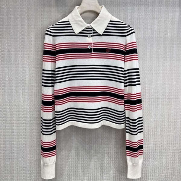 Designer Women's T-shirt Red White Black Striped Knit Sweater For Women Short Style With A Turn-Down Collar Slimming And Versatile Long-Sleeve Top 0730