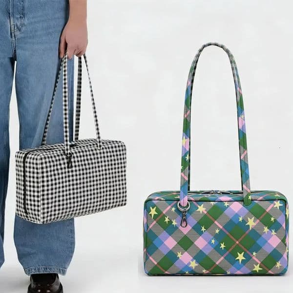 Style Checkered Shoulder Bag Fashion Solid Color Simple Large Capacity Nylon Tote Canvas Travel Unisex Storage 260514