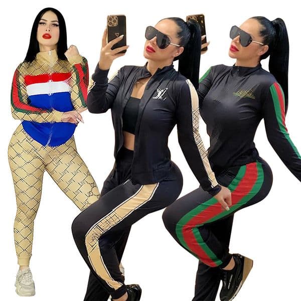 Womens New Fashionable Casual Suit Long Sleeve Long Pants Zipper Jacket Two-Piece Set