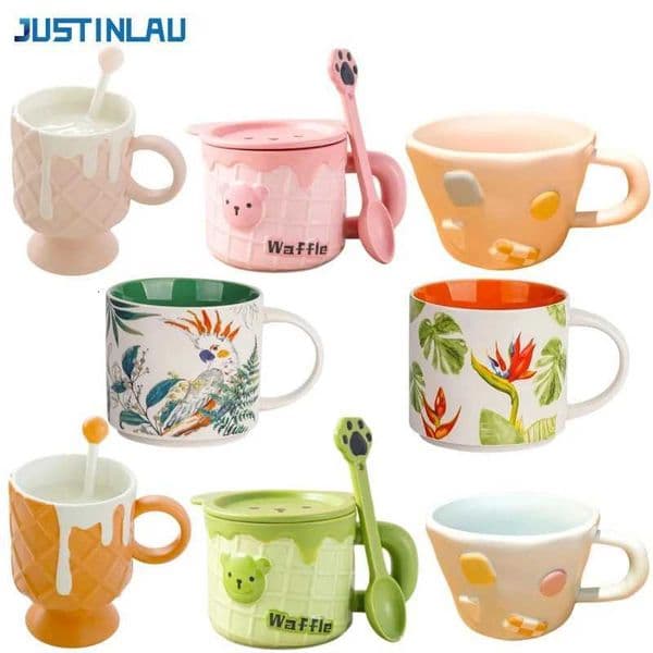 JUSTINLAU Ceramic Mug Cartoon Ice Cream Bear Flower Bird Water Cup Portable Breakfast Coffee Milk Oat Cups Home Office DrinkwareJ260515