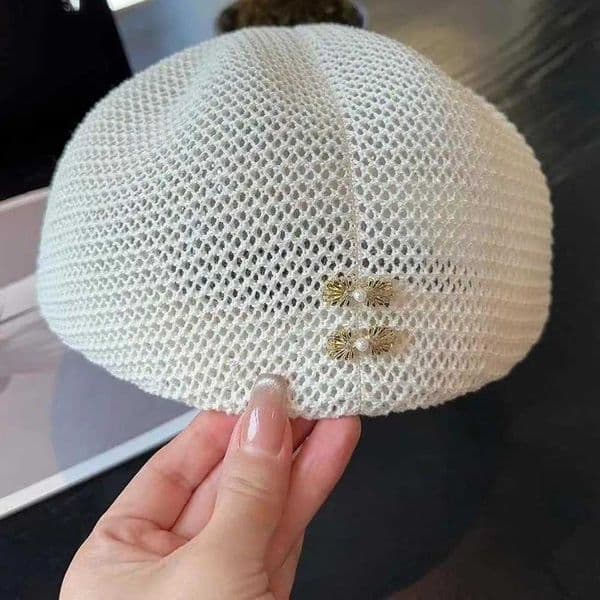 Solid Color Woven Sun Beret Cap Korean Style Versatile Hollow Out Forward Cap Sunscreen Polyester Vacation Beach Hat Daily L260515