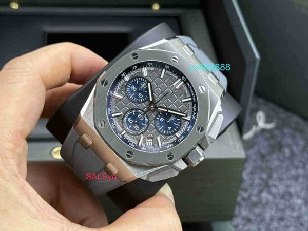 Luxury Designer Watch Premium Wristwatch 43mm Roya Oak Ofshore Grey Blue Eyed Titanium Ceramic Chronograph Perfect Condition Single Watch Yqtgood