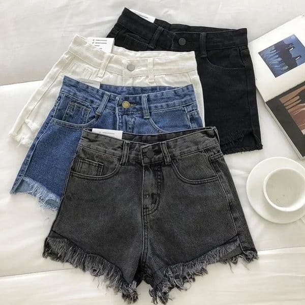 Summer Women High Wiast Raw Hem Denim Shorts Soild White Black Blue Korean Wide Leg Pants Mon Jean 260515