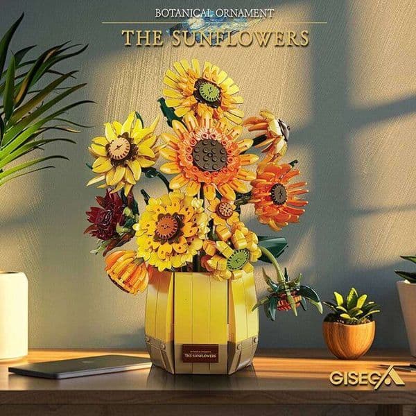 Van Gogh Sunflowers 1328pcs Blocks with Vase, Art Building Toys, DIY Flower Bouquet Home Decor, Gift Ideas Women Girls