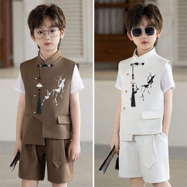 Boys' Hanfu Spring/Summer Printed Blazer, New Chinese Style Children's Formal Wear, Flower Boy Suit, Host Performance Outfit