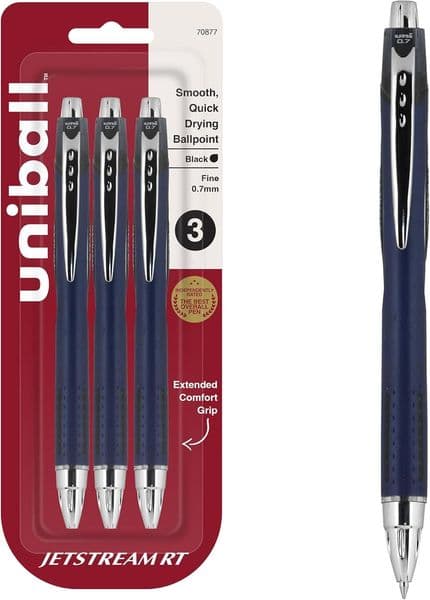 Uni-Ball Jetstream RT NY Times Wirecutter Best Pen for Over a Decade Pack of 3 Black Fine Point 0.7mm - Back to School Pens, Ballpoint Pens