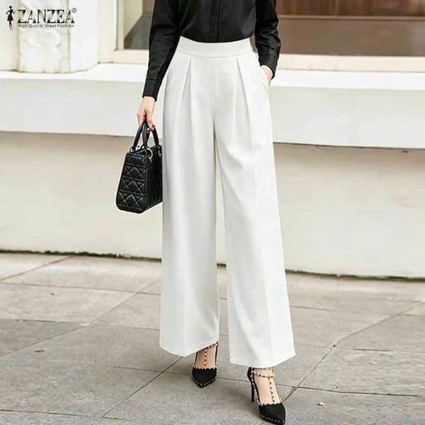 ZANZEA Womens Modest Loose Wide-Leg Pants Elastic Back High Waist Inverted Pleats Trousers Summer Commute Work Pantalones Femme C260515