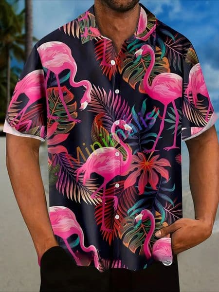 2025 Leaf and Flamingo Print Shirt for Men Hawaiian Casual Beach Short Sleeve Fashion Tops Male Blouse Summer Clothing 260514