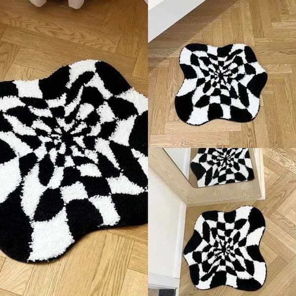 Abstract 3D Illusion Checkered Cloud Shape Tufted Rug - Handmade Modern Black and White Design - Fluid Art Porch Carpet T260512JV35
