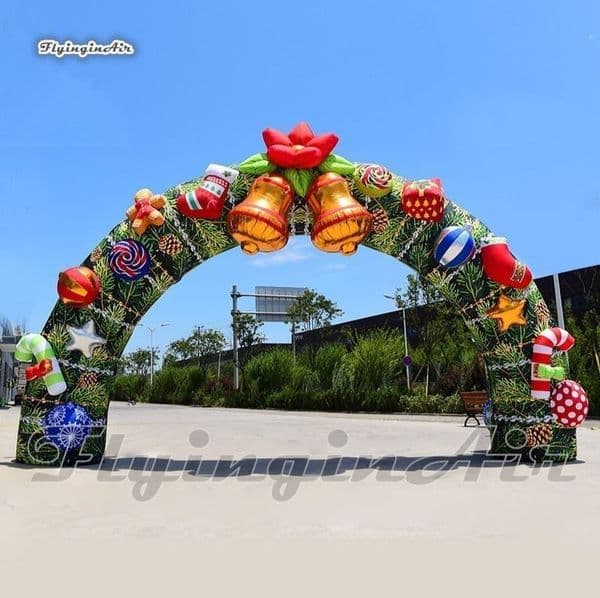 Lighted Christmas Inflatable Archway 12mWx5mH (40x16.5ft) Golden Bells Doorway Green Air Blown Arch With Ornaments For Xmas Decoration
