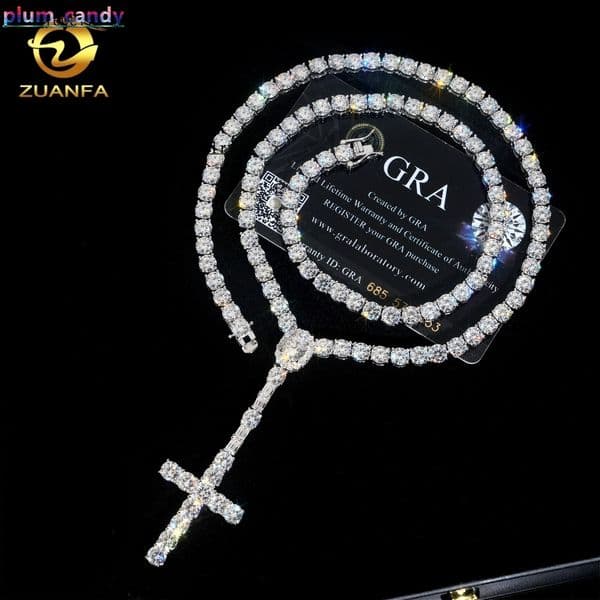 New Design Pass Diamond Tetser 5mm Tennis Necklace with Cross Pendant 925 Silver Moissanite Diamond Tennis Chain Iced Out