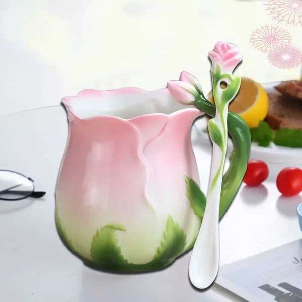 Pink Ceramic Coffee Cup European Bone China Three-dimensional Flower Home Afternoon Camellia Tea CupJ260515