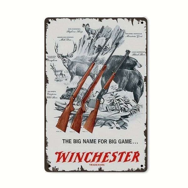 Vintage Winchester Metal Wall Sign - Rustic Hunting Decor with Firearm & Wildlife Art, Durable Iron Construction for Man Cave, J260515