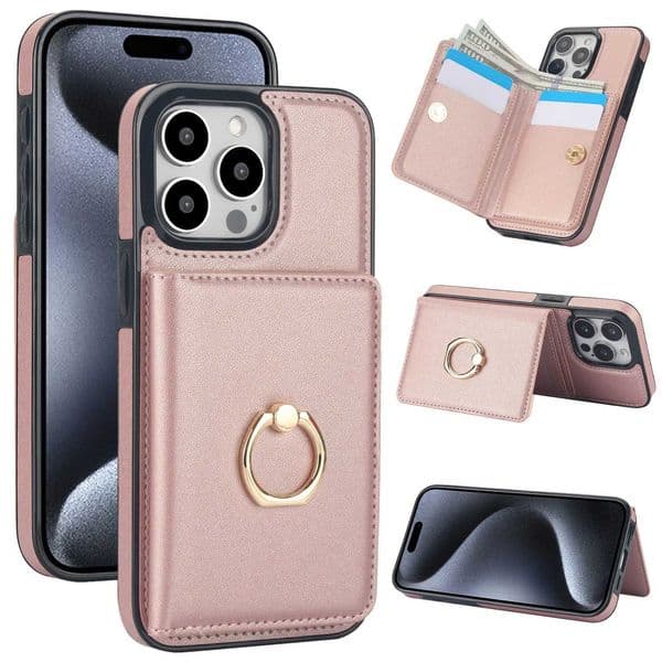 Wallet Case with Card Holder 360 Rotation Ring Kickstand Magnetic Clasp for iPhone 16 15 14 13 12 11 Pro Max SE 2022 XR XS Max C260515