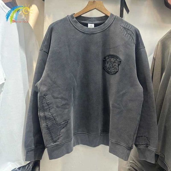 Streetwear Vintage Washed Black Stitching Patch Embroidery Sweatshirts Men Women Couple Casual Crewneck 100 Cotton Pullovers Q260515