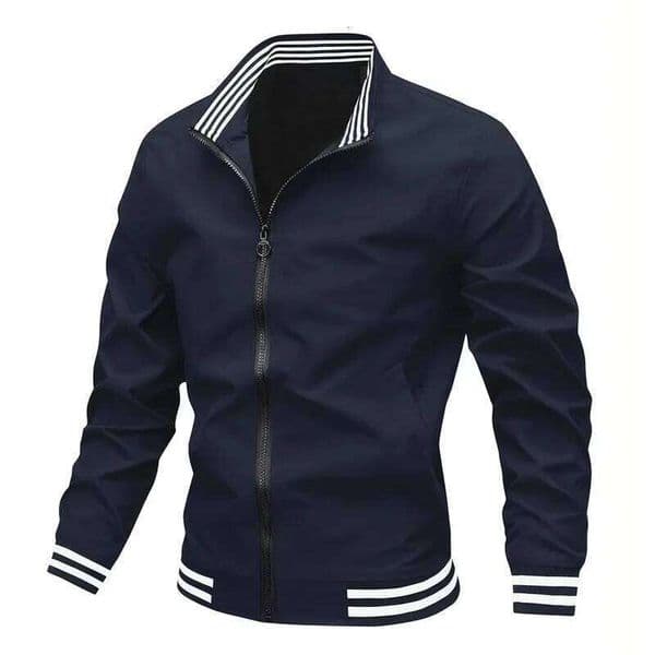 Autumn Designer Fashion Winter Men's Long-Sleeved Zipper Stand Non-Fleece 100% Polyester Fiber Collar Striped Design Casual Jacket