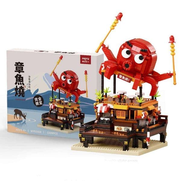 HUIQIBAO MOC Japan Sushi Octopus Yaki Street Shop model Micro Building Block Model Mini Brick Toy for Children Desk Decor.