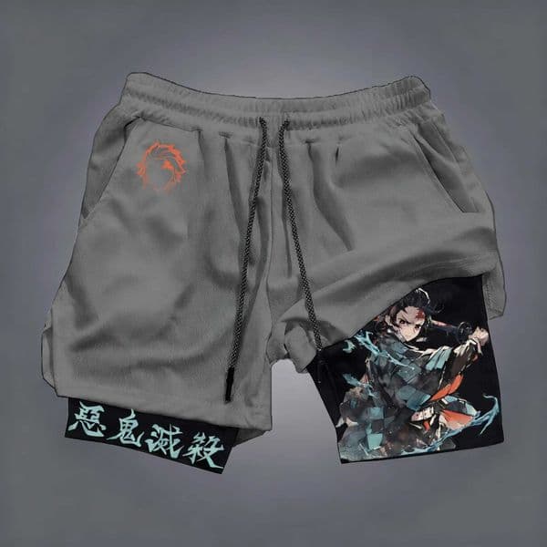 2025 Demon Slayer Anime Print Double-layered Shorts American Summer Sports Loose Shorts for Men and Women Z260325