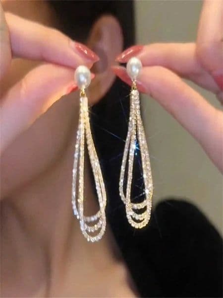 1pair Long Waterdrop Shaped Rhinestone Decor Tassel Earrings With Faux Pearl Detail Fashionable Elegant Jewelry Z260515