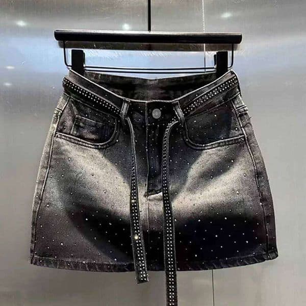 Oversize Retro Denim Mini Skirt for Women Summer High Waist Shiny Rivet Slim Gradient Black Grey Jean Skirts 26W0515