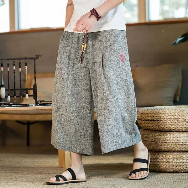 Japan Style Kimono Capri Pants Men Lace Up Elastic Waist Vintage Casual Pants Loose Oversize Wide Leg Pants Harajuku Streetwear C260515
