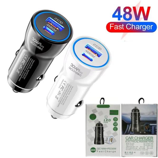 2 Ports QC3.0 USB C 48W Car Charger PD 30W Quick Charge Cigarette Lighter Cellphone Fast Charging Travel Power Adapter For iphone 16 15 14 Samsung S26 S25 Huawei Xiaomi