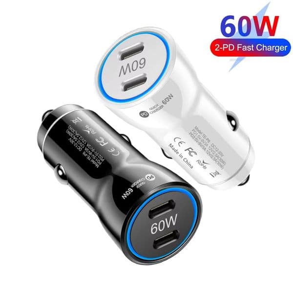 60W USB C Car Charger Dual PD Ports Quick Charge Cellphone Fast Charging Power Adapter Cigarette Lighter Plug For iphone 17 16 Samsung Huawei Xiaomi MP3 Tablet Gaming