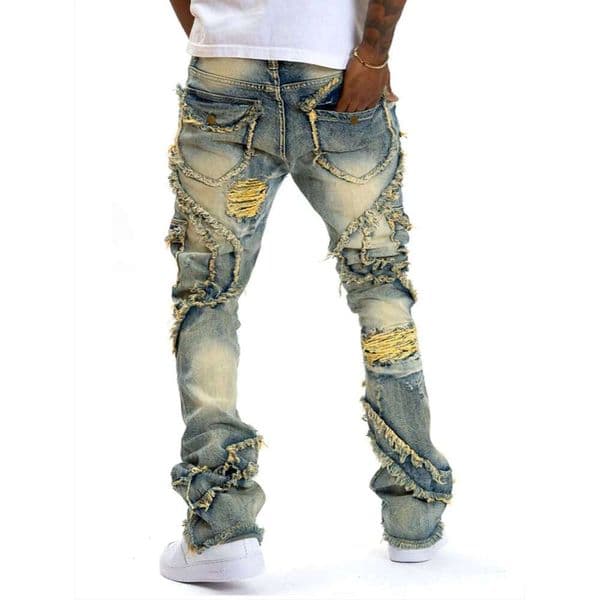 2025 New European and American men's casual jeans, street punk fashion, retro, ripped hole, slightly flared tassel elastic jeans 26L0515