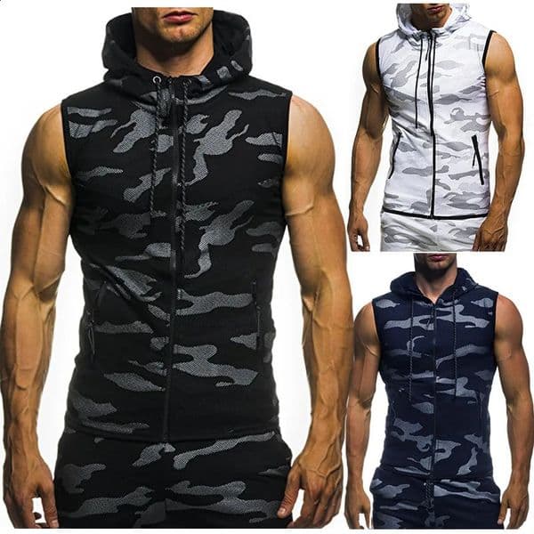 Mens Camouflage Vest Spring Summer Military Hooded Sleeveless Sweatshirt Male Fashion Clothing gym zipper Running 260508