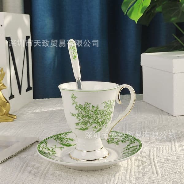 Green Lily of the Valley Small Fresh French Pastoral Goblet Saucer Set Afternoon Tea Coffee Cup Saucer Bone China Cup